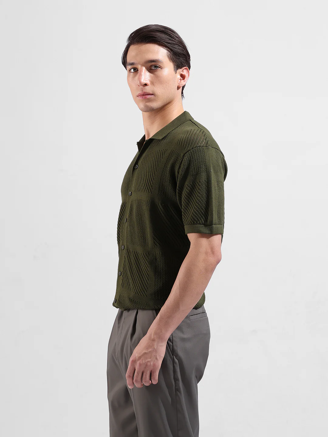Men's Green Slim Fit Striped Flat Knit Shirt - Image 4