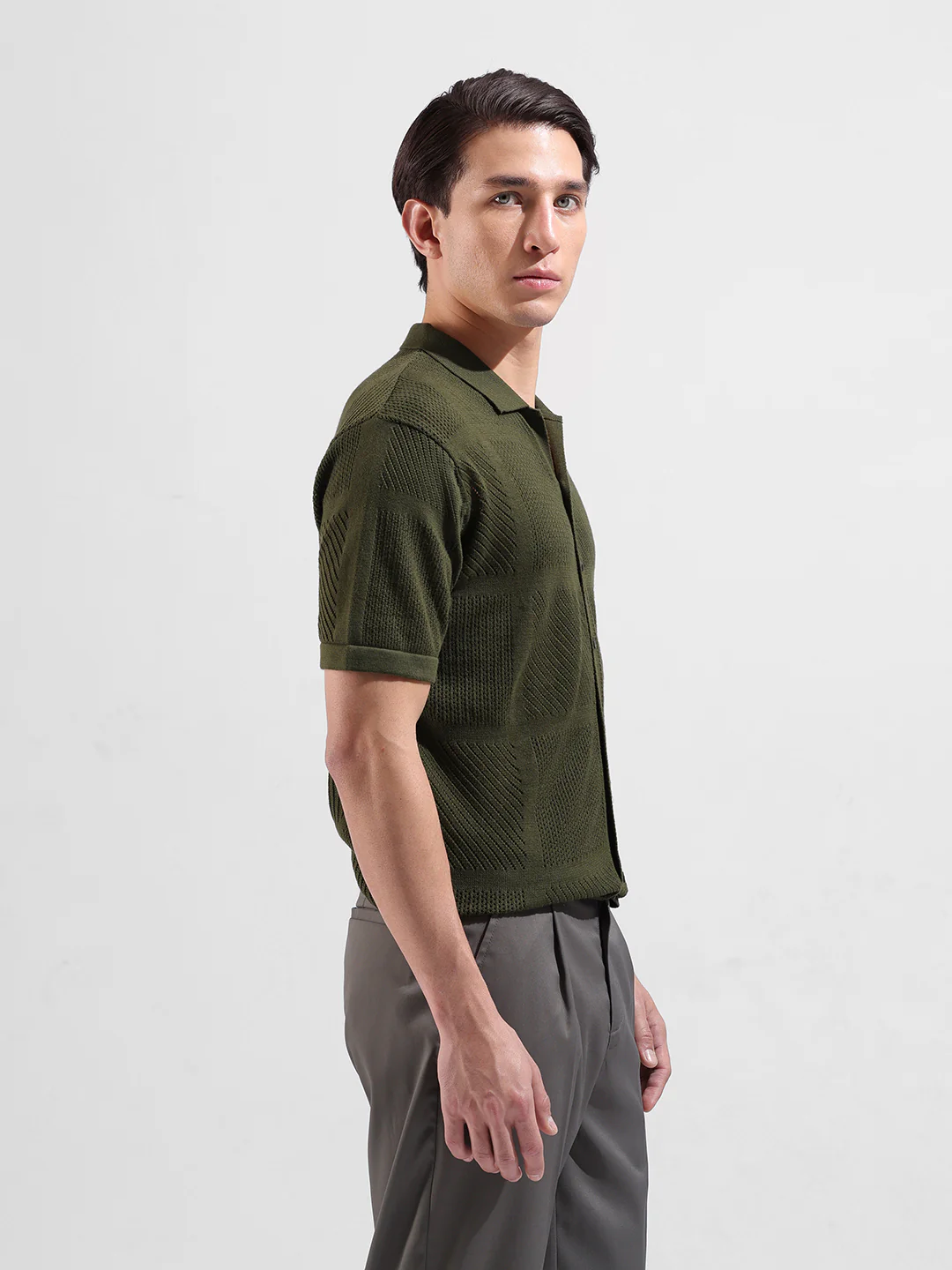 Men's Green Slim Fit Striped Flat Knit Shirt - Image 5