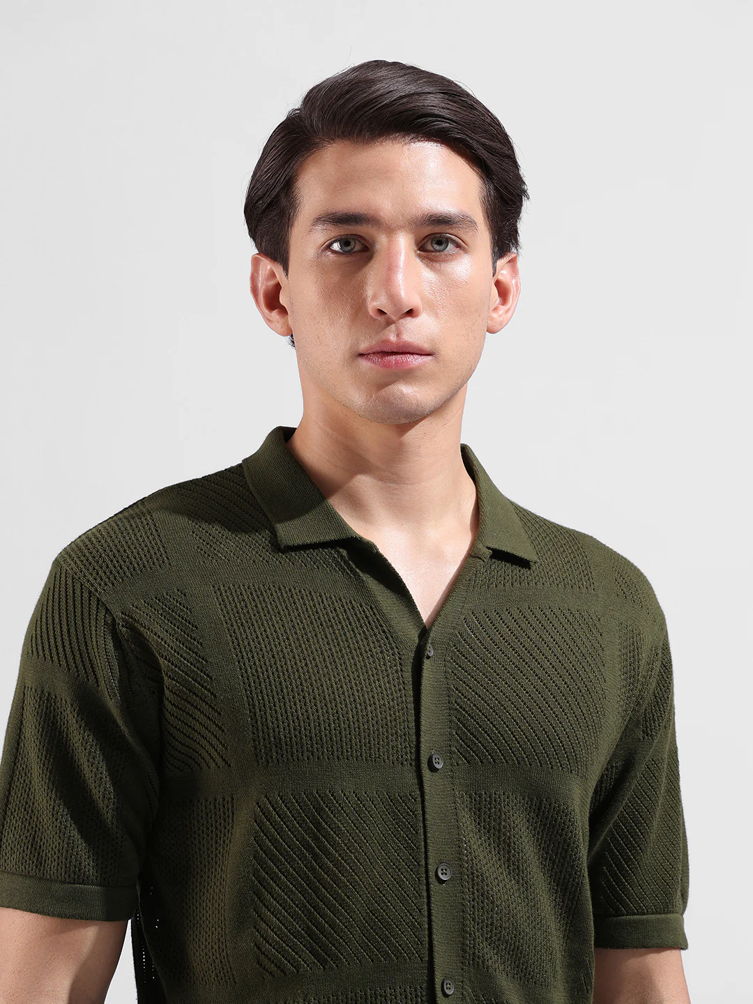 Men's Green Slim Fit Striped Flat Knit Shirt - Image 7