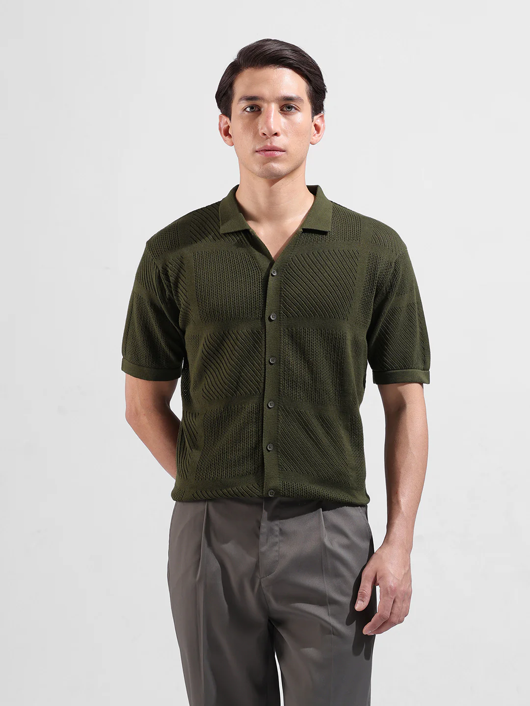 Men's Green Slim Fit Striped Flat Knit Shirt - Image 8