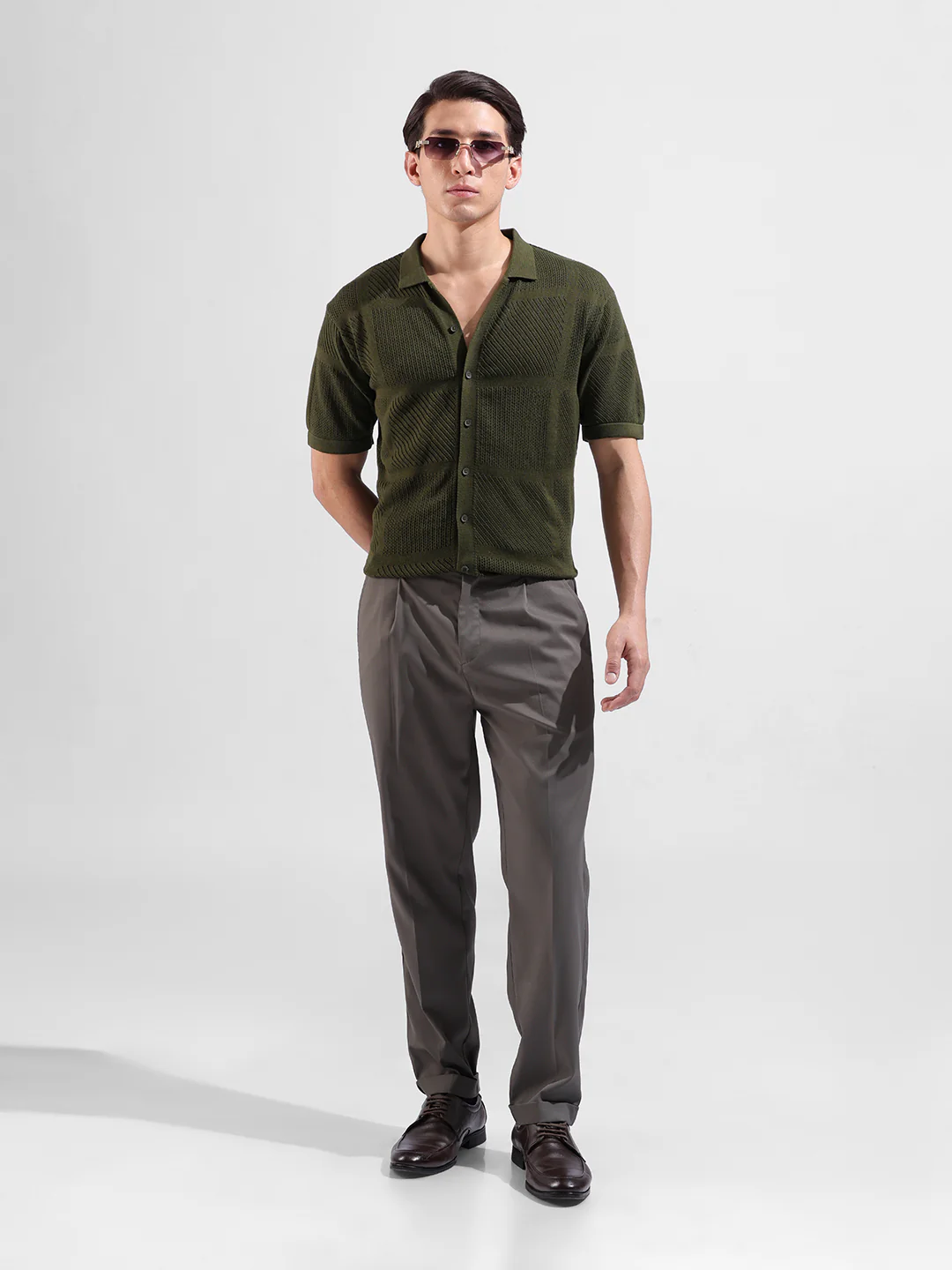 Men's Green Slim Fit Striped Flat Knit Shirt - Image 9