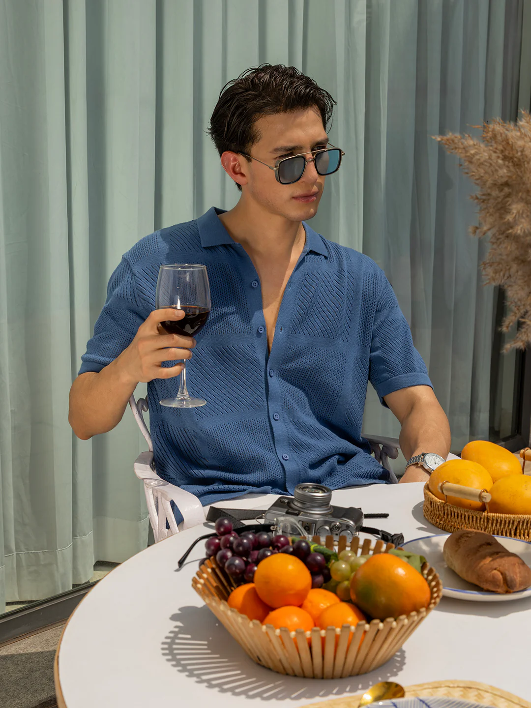 Men's Blue Slim Fit Solid Flat Knit Shirt - Image 10