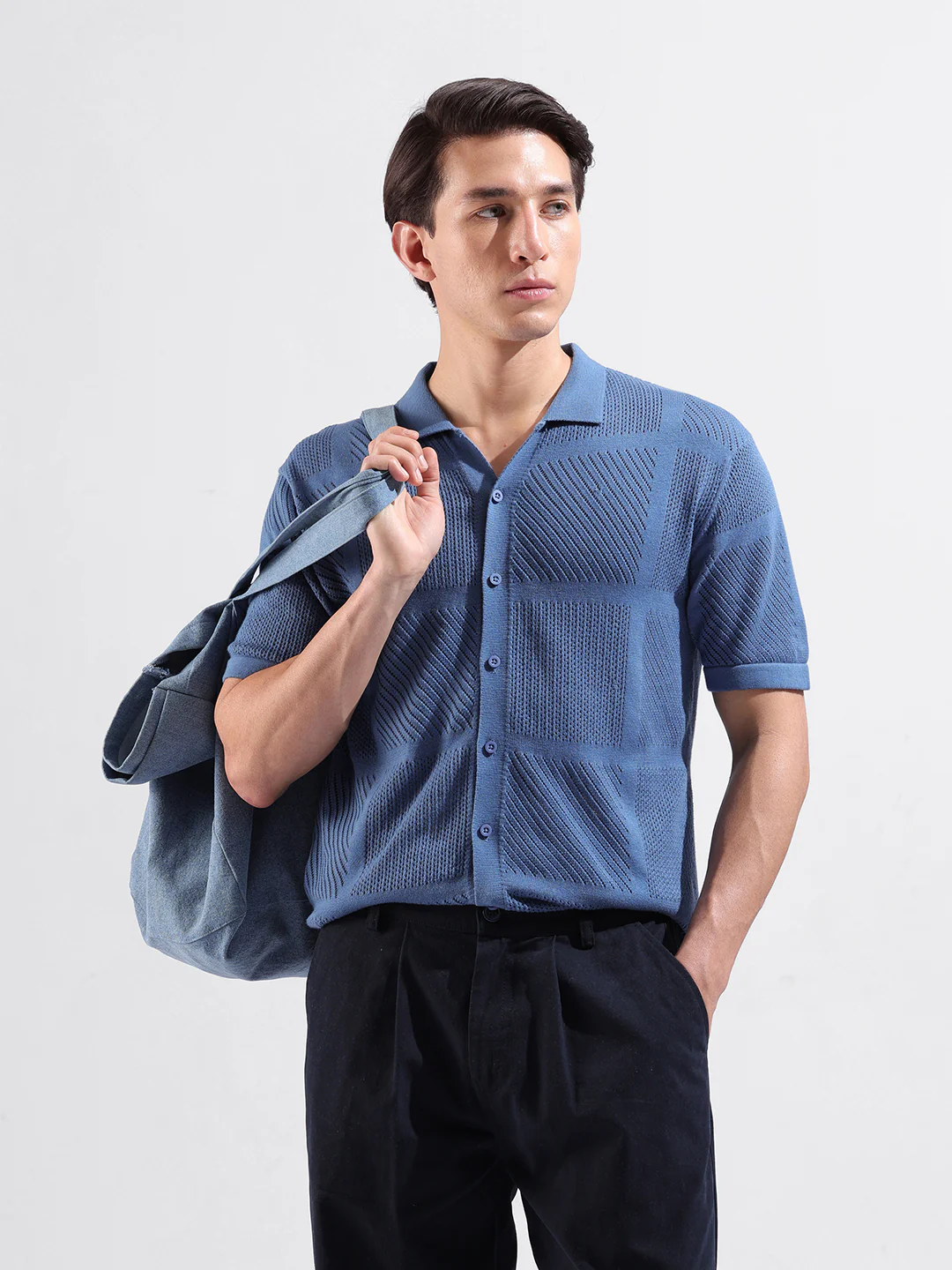 Men's Blue Slim Fit Solid Flat Knit Shirt - Image 2