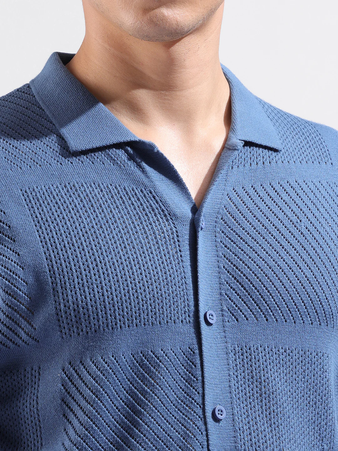Men's Blue Slim Fit Solid Flat Knit Shirt - Image 3