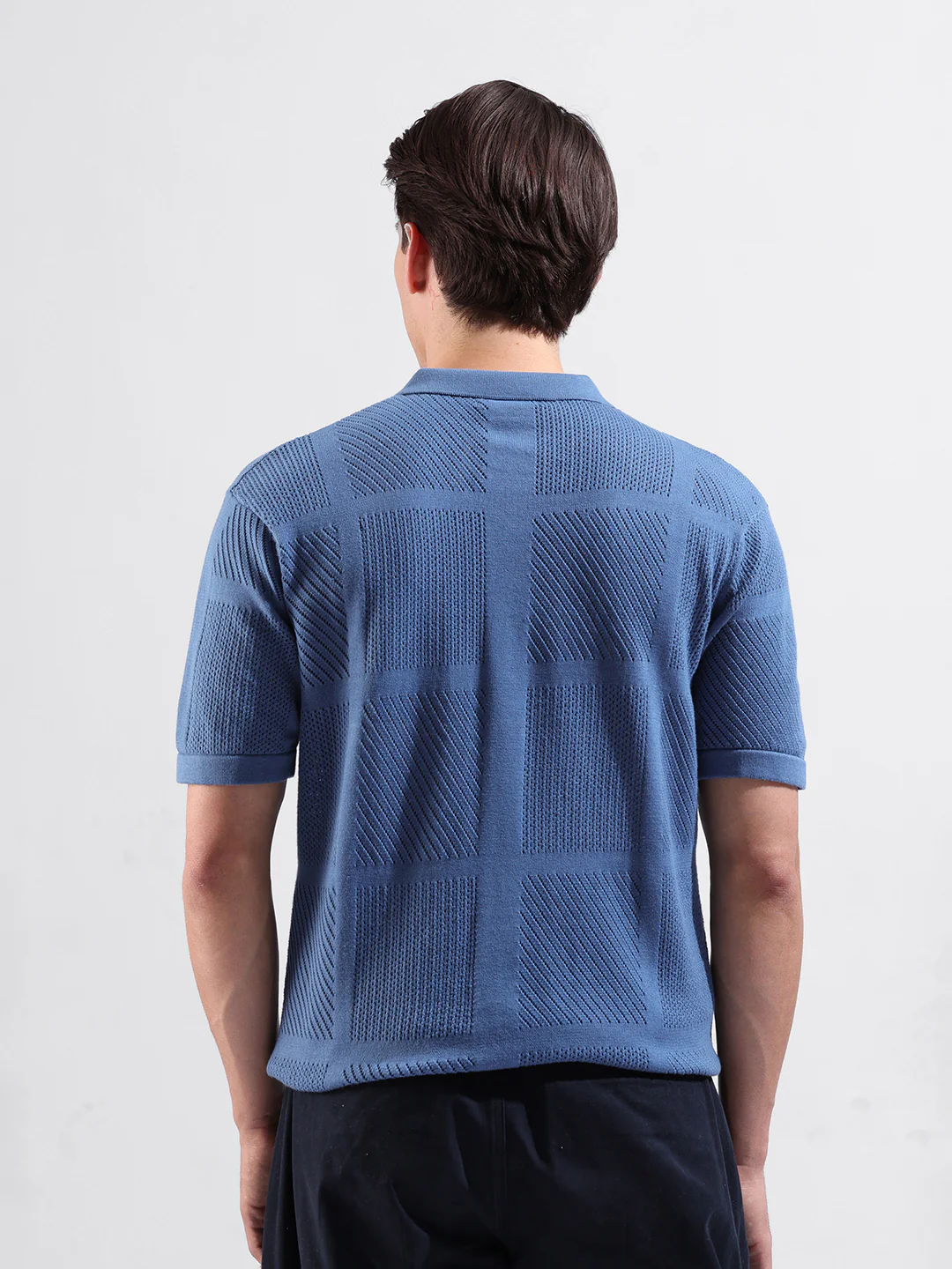 Men's Blue Slim Fit Solid Flat Knit Shirt - Image 6