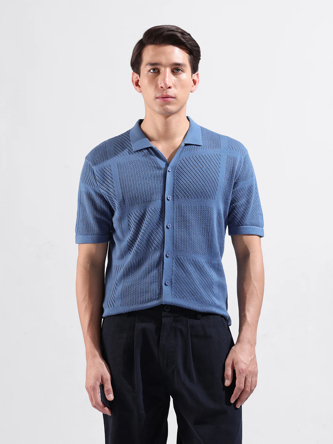 Men's Blue Slim Fit Solid Flat Knit Shirt - Image 8