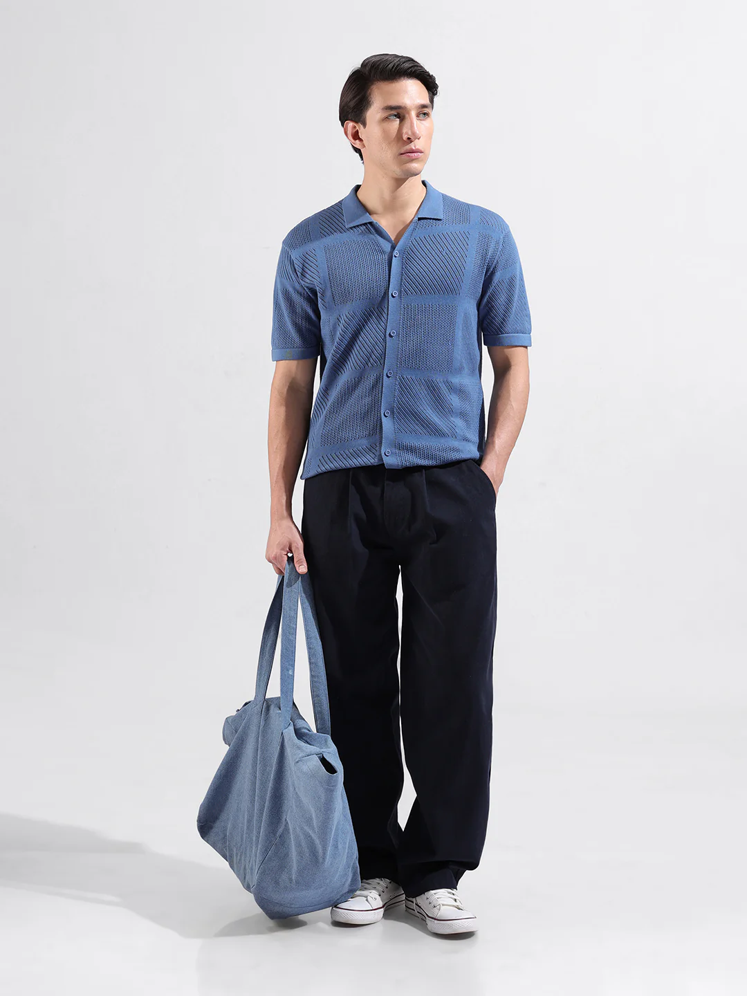 Men's Blue Slim Fit Solid Flat Knit Shirt - Image 9