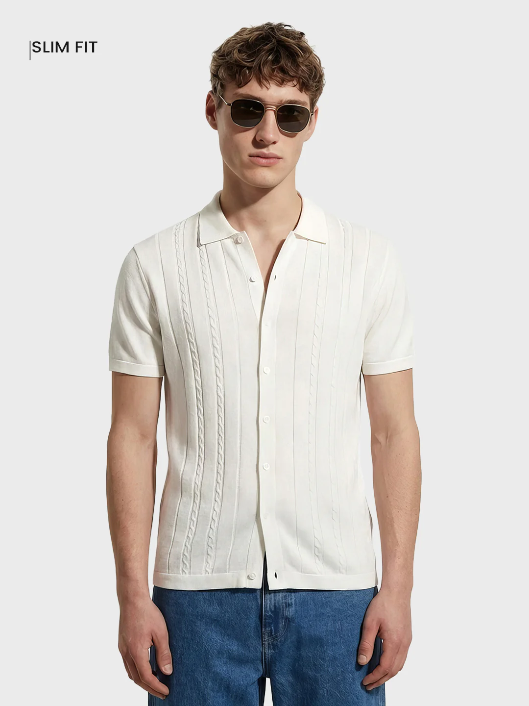Men's White Slim Fit Solid Flat Knit Shirt - Image 2