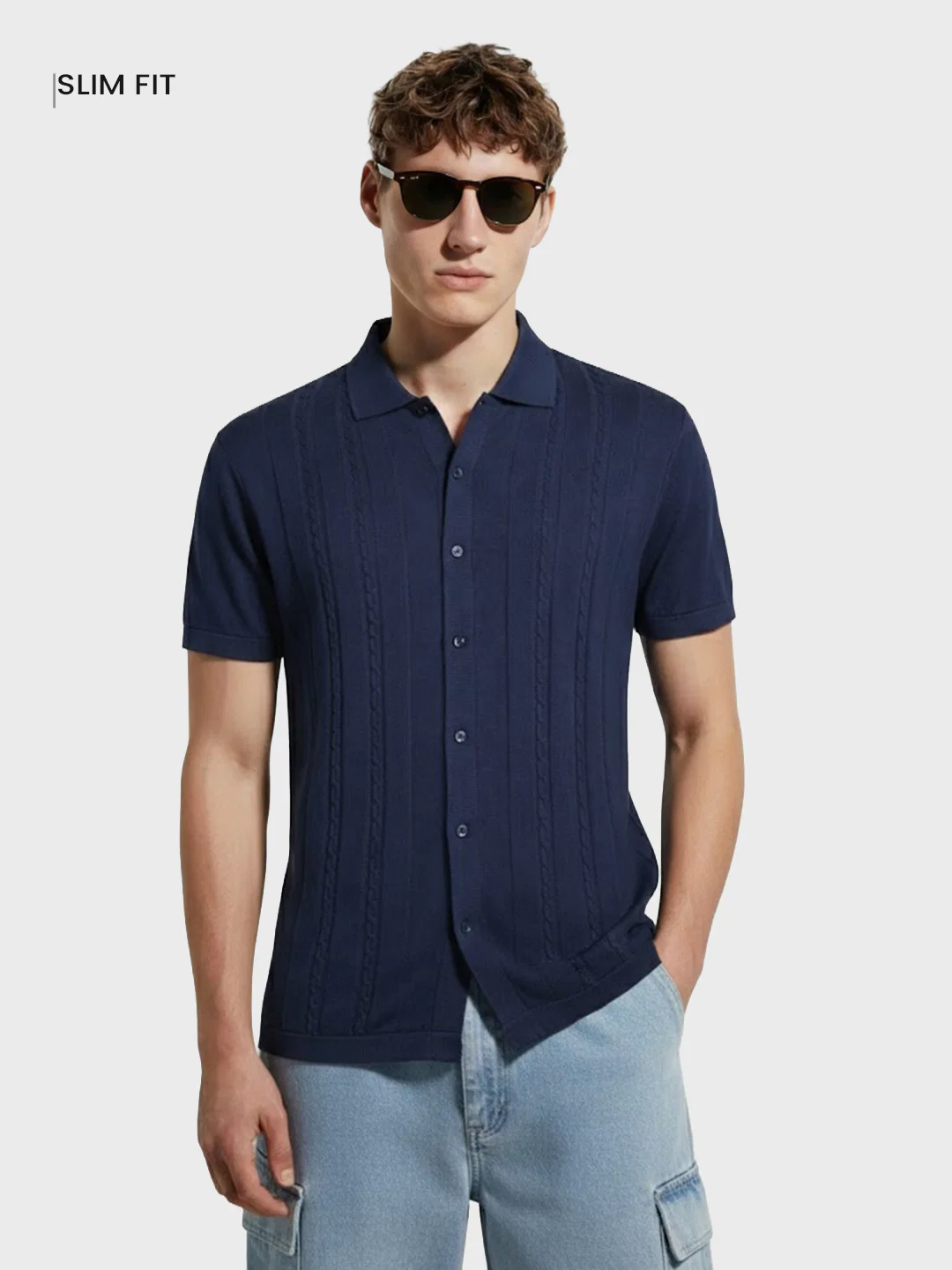 Men's Blue Slim Fit Solid Flat Knit Shirt - Image 2
