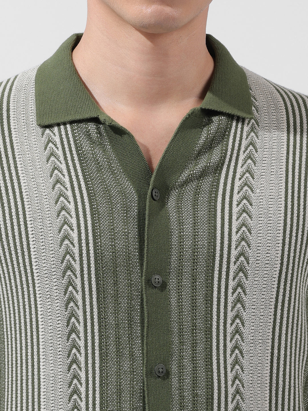 Men's Green Slim Fit Striped Flat Knit Shirt - Image 3