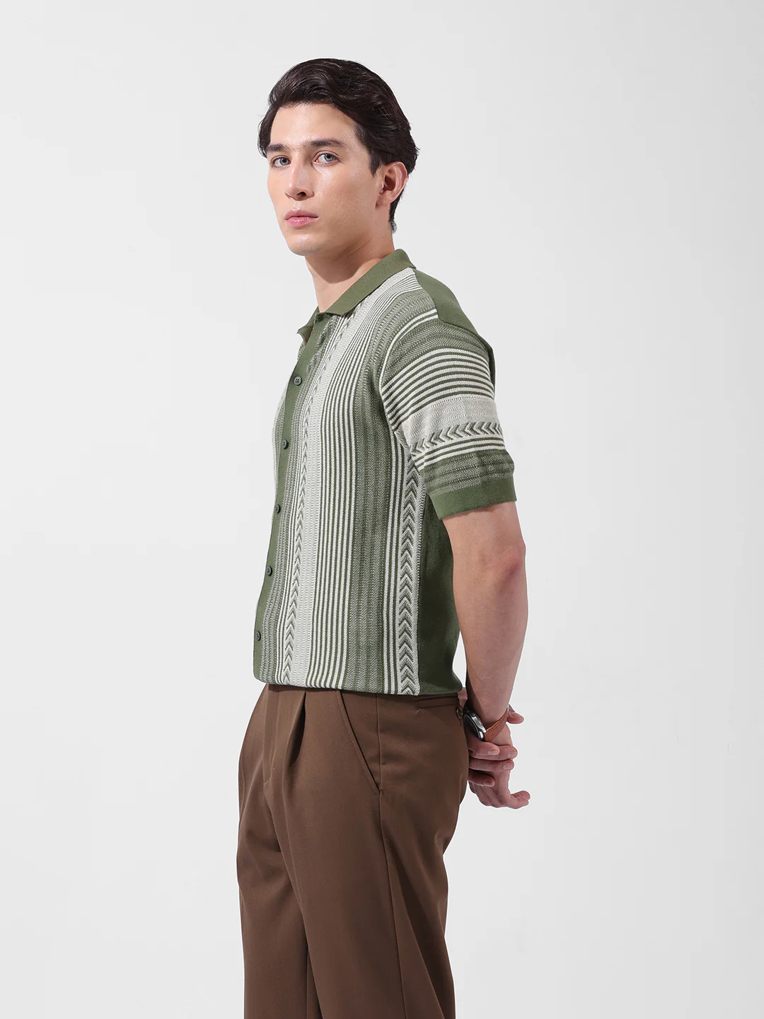 Men's Green Slim Fit Striped Flat Knit Shirt - Image 4
