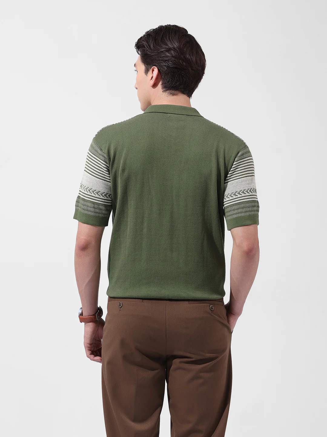 Men's Green Slim Fit Striped Flat Knit Shirt - Image 5