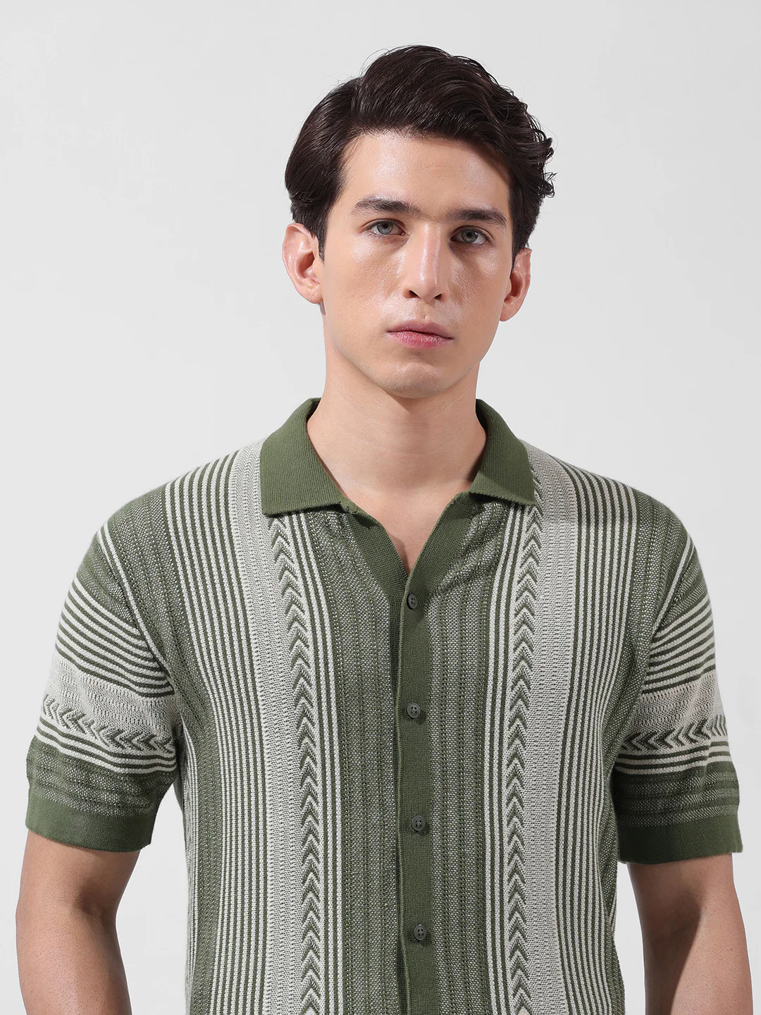 Men's Green Slim Fit Striped Flat Knit Shirt - Image 6