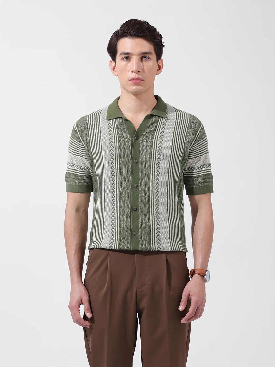 Men's Green Slim Fit Striped Flat Knit Shirt - Image 7
