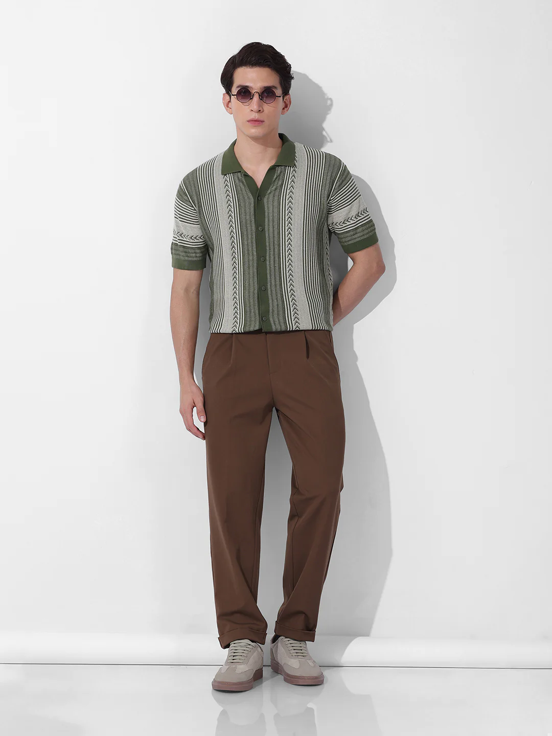 Men's Green Slim Fit Striped Flat Knit Shirt - Image 8