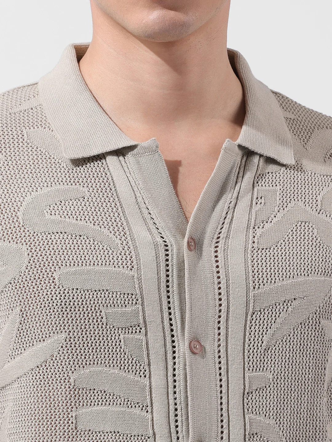 Men's Beige Slim Fit Solid Flat Knit Shirt - Image 3