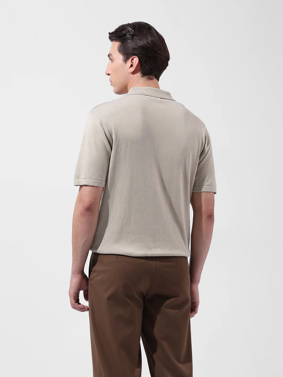 Men's Beige Slim Fit Solid Flat Knit Shirt - Image 6