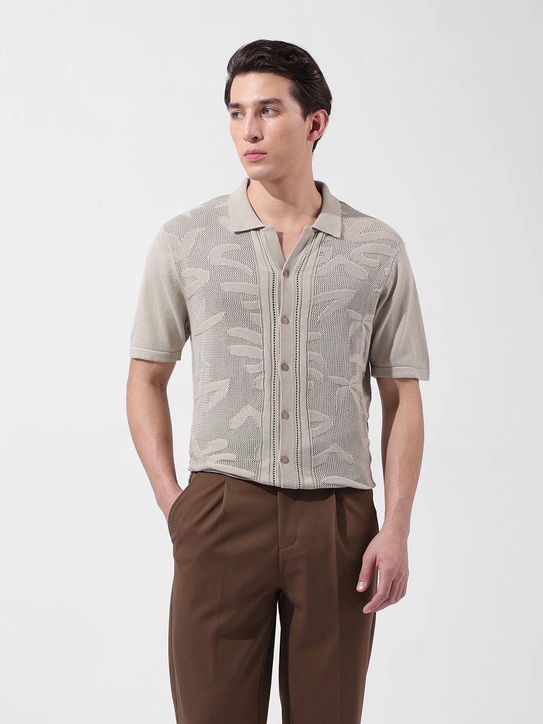 Men's Beige Slim Fit Solid Flat Knit Shirt - Image 8