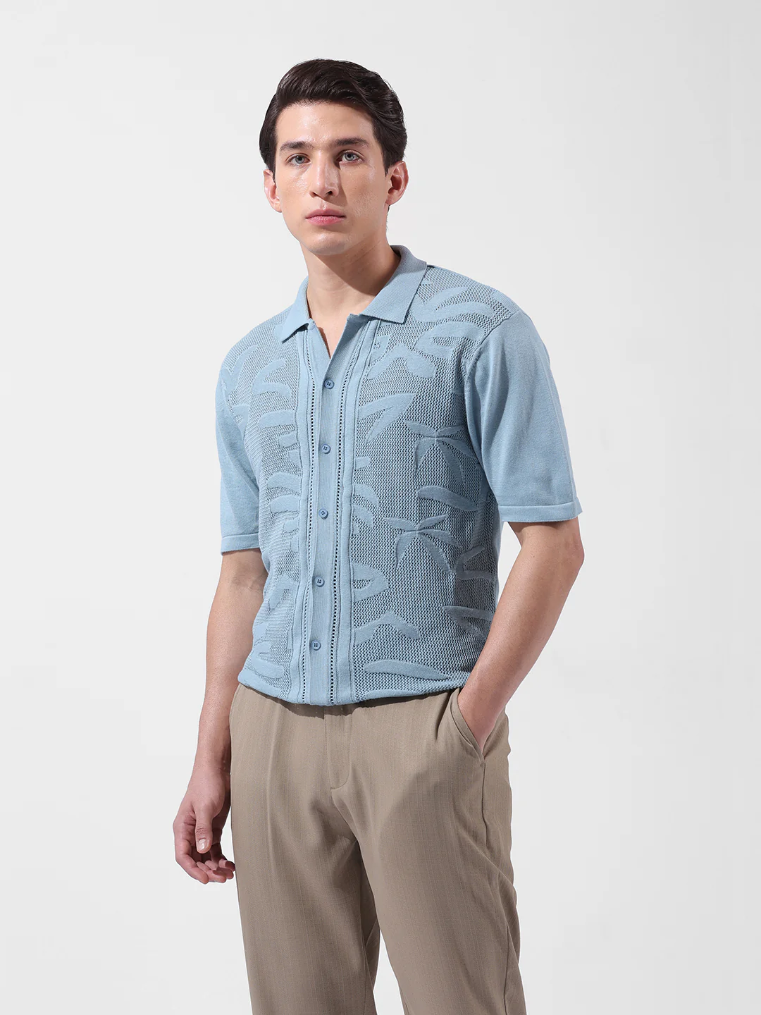 Men's Blue Slim Fit Solid Flat Knit Shirt - Image 2