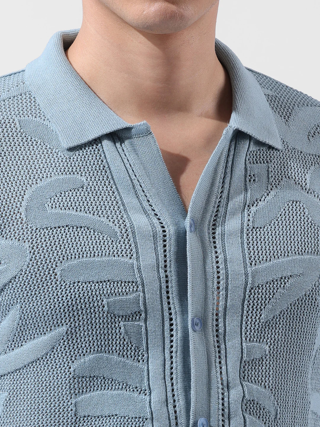 Men's Blue Slim Fit Solid Flat Knit Shirt - Image 3