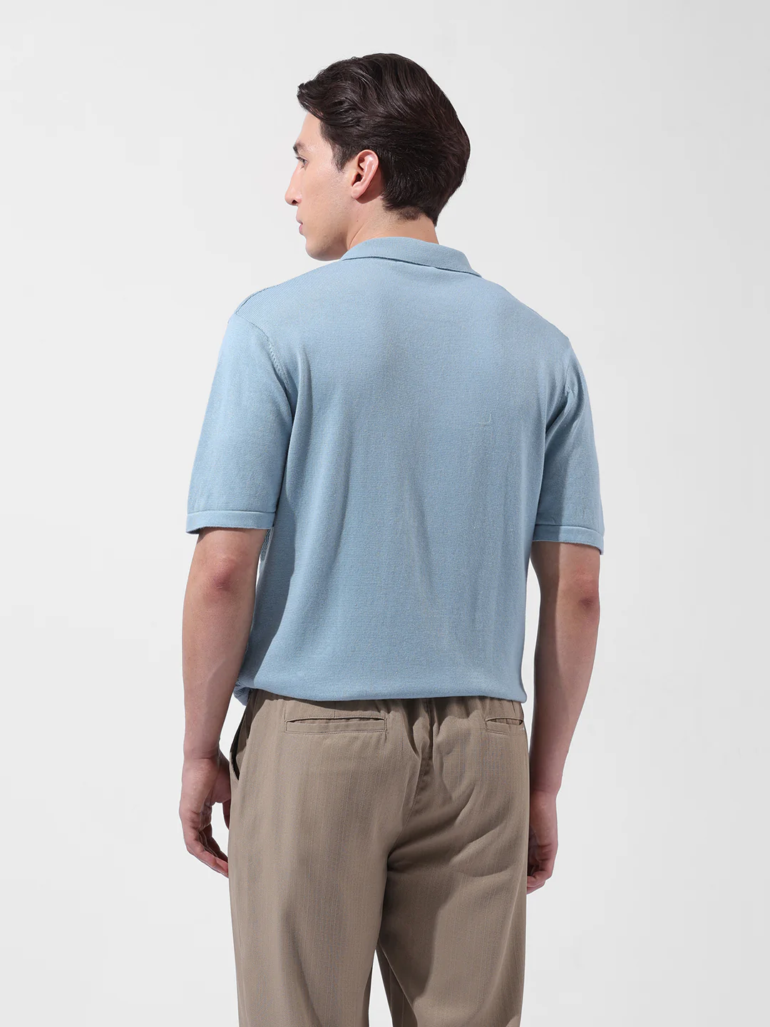Men's Blue Slim Fit Solid Flat Knit Shirt - Image 5