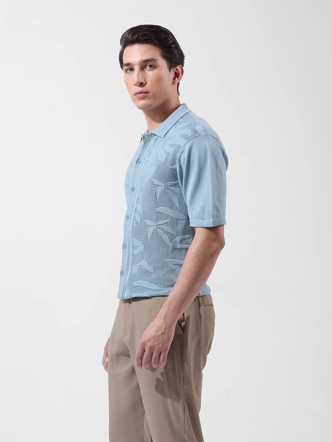 Men's Blue Slim Fit Solid Flat Knit Shirt - Image 6