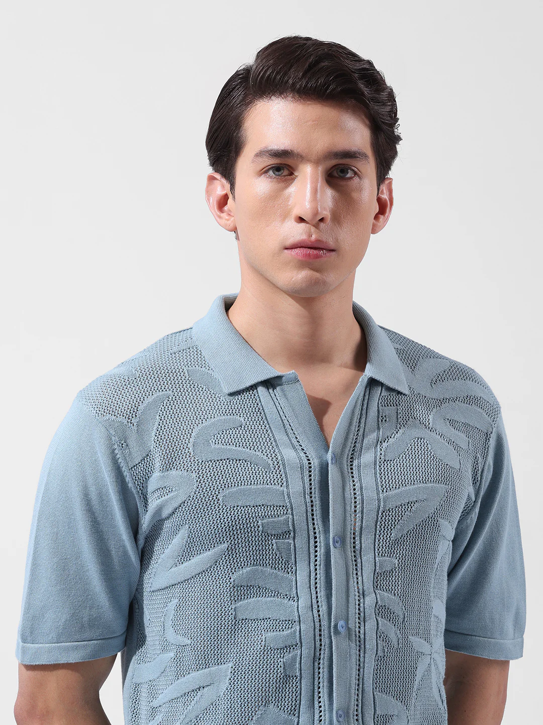 Men's Blue Slim Fit Solid Flat Knit Shirt - Image 7