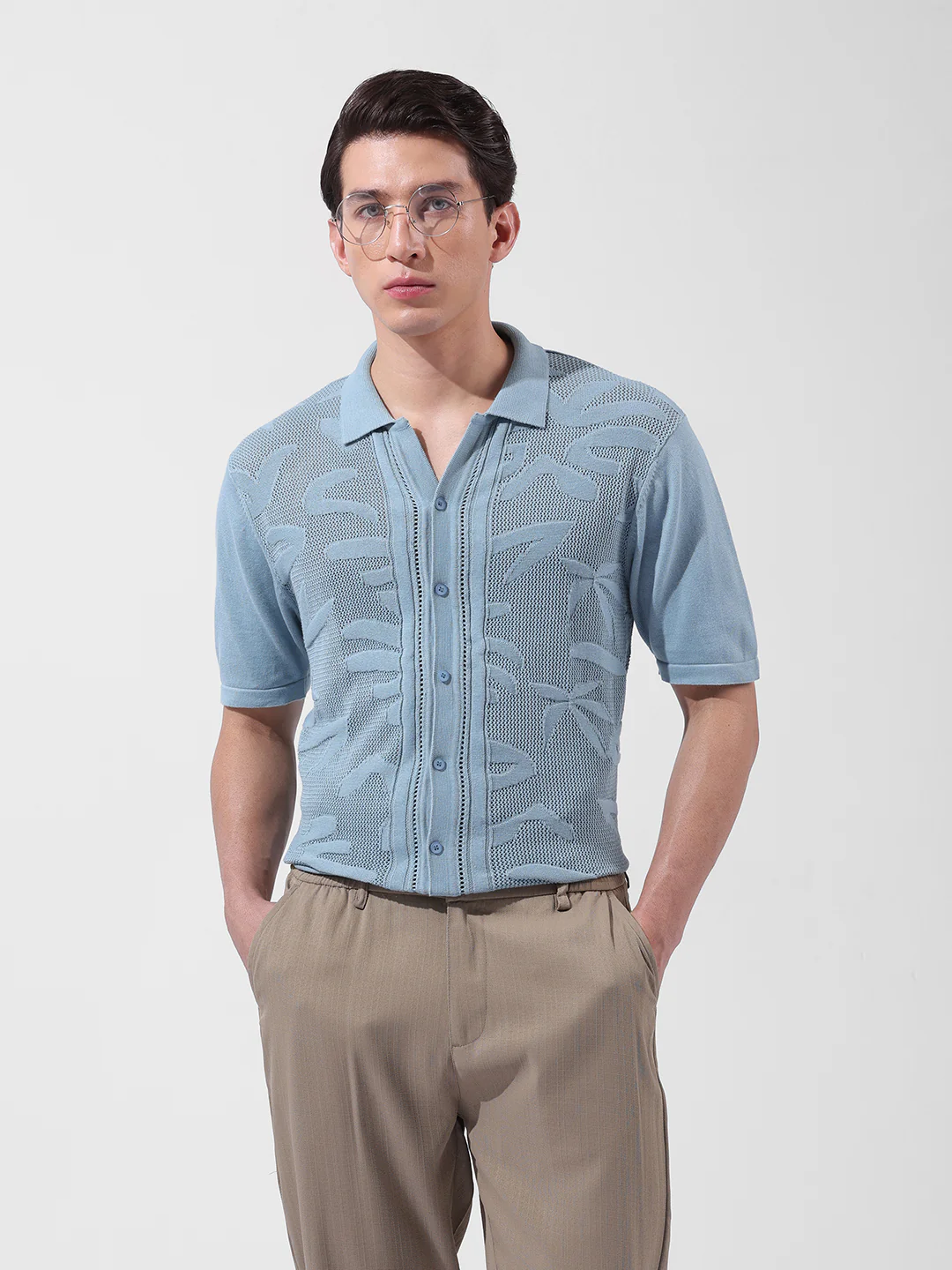 Men's Blue Slim Fit Solid Flat Knit Shirt - Image 8
