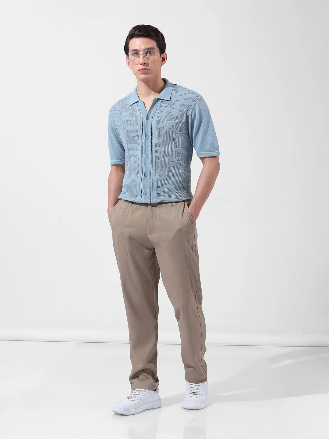 Men's Blue Slim Fit Solid Flat Knit Shirt - Image 9