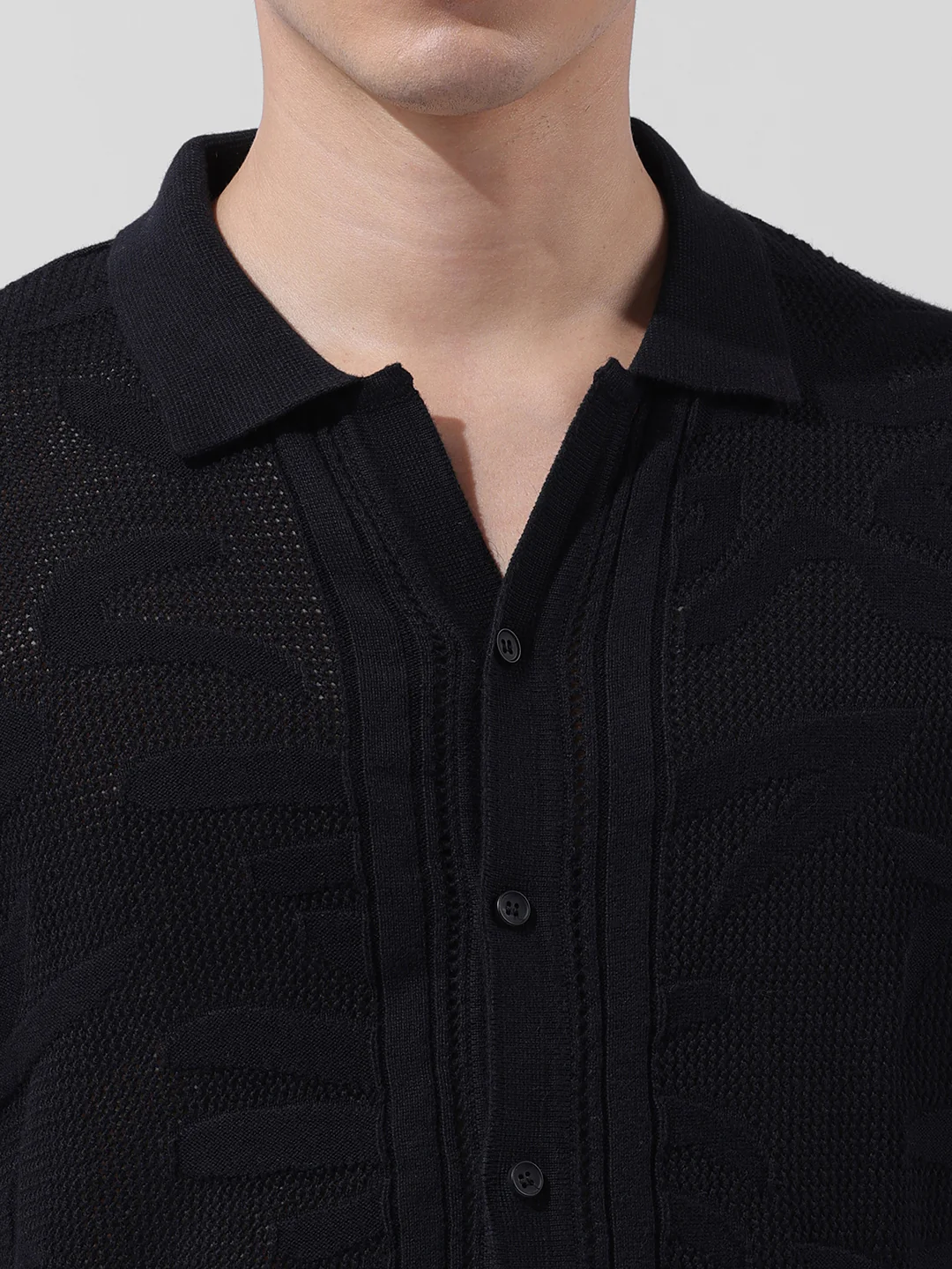 Men's Black Slim Fit Solid Flat Knit Shirt - Image 3