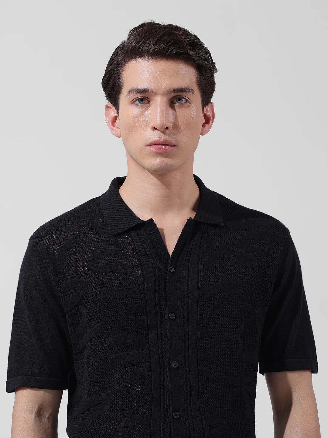 Men's Black Slim Fit Solid Flat Knit Shirt - Image 6