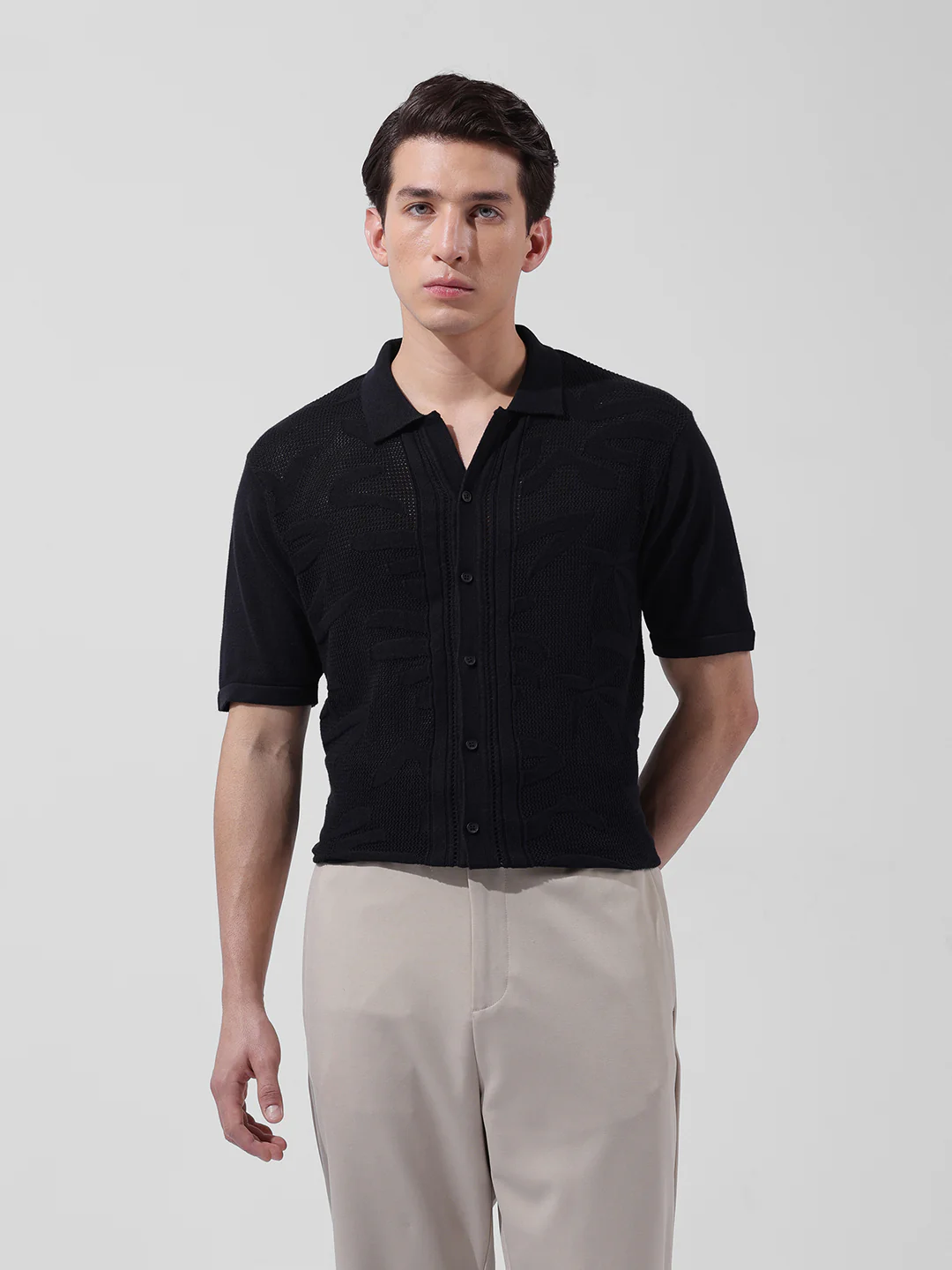 Men's Black Slim Fit Solid Flat Knit Shirt - Image 7