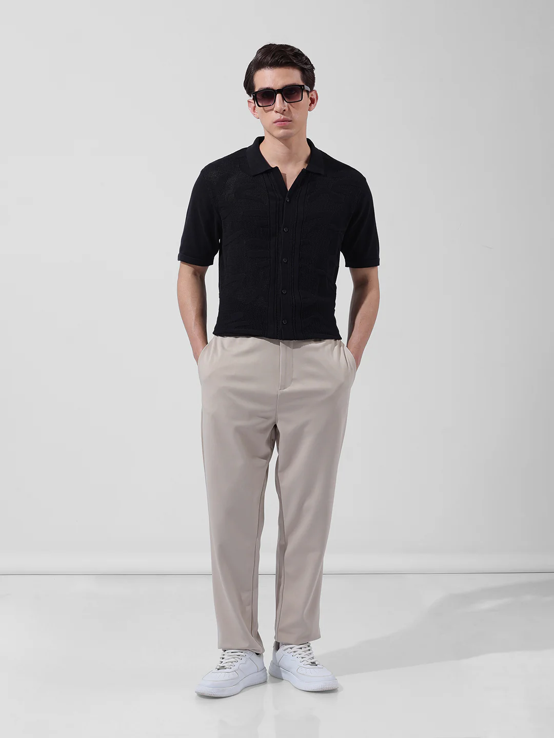 Men's Black Slim Fit Solid Flat Knit Shirt - Image 8