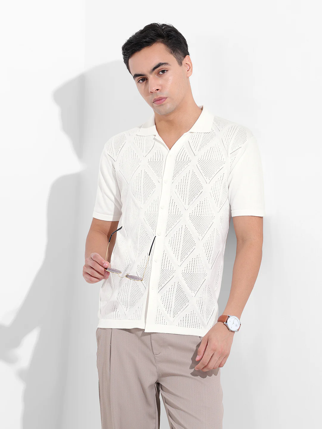 Men's White Slim Fit Striped Flat Knit Shirt - Image 2