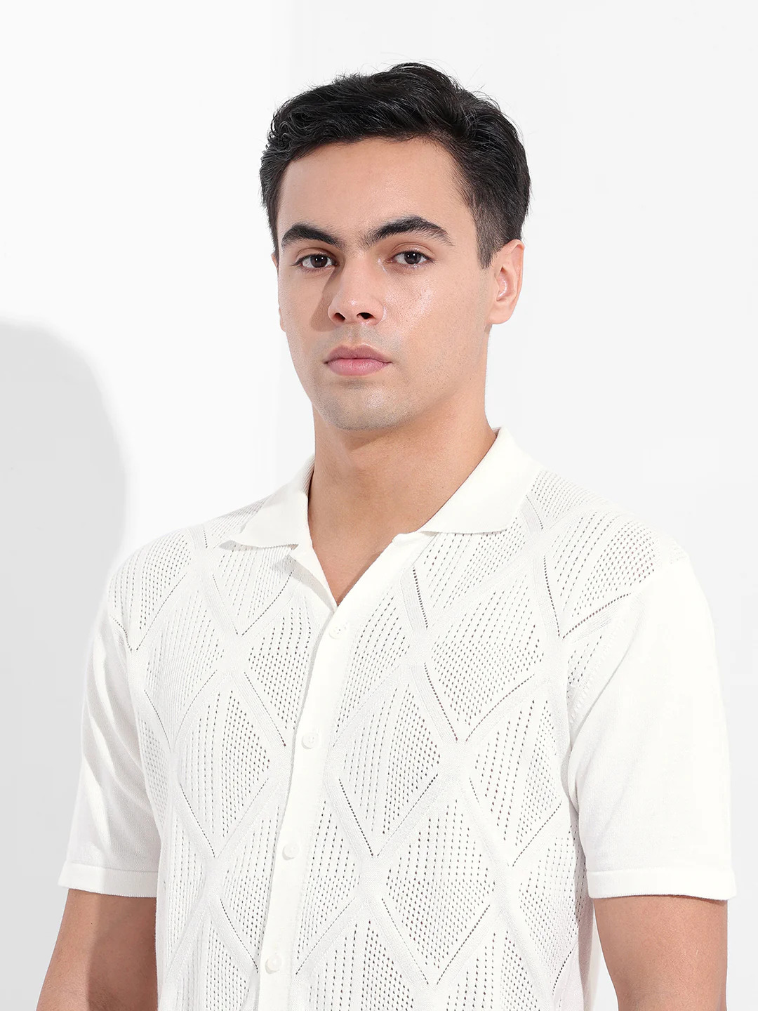 Men's White Slim Fit Striped Flat Knit Shirt - Image 3
