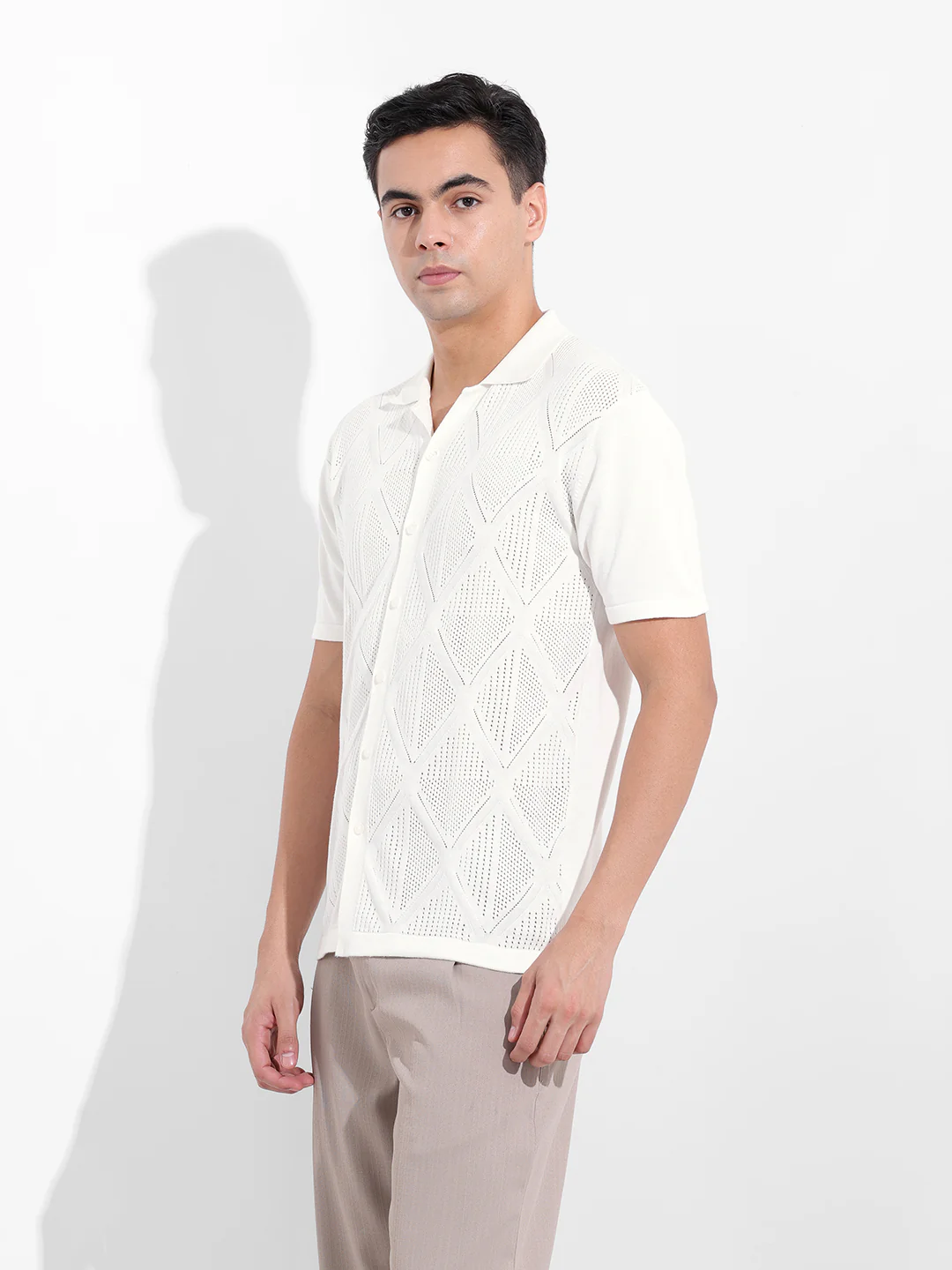 Men's White Slim Fit Striped Flat Knit Shirt - Image 4