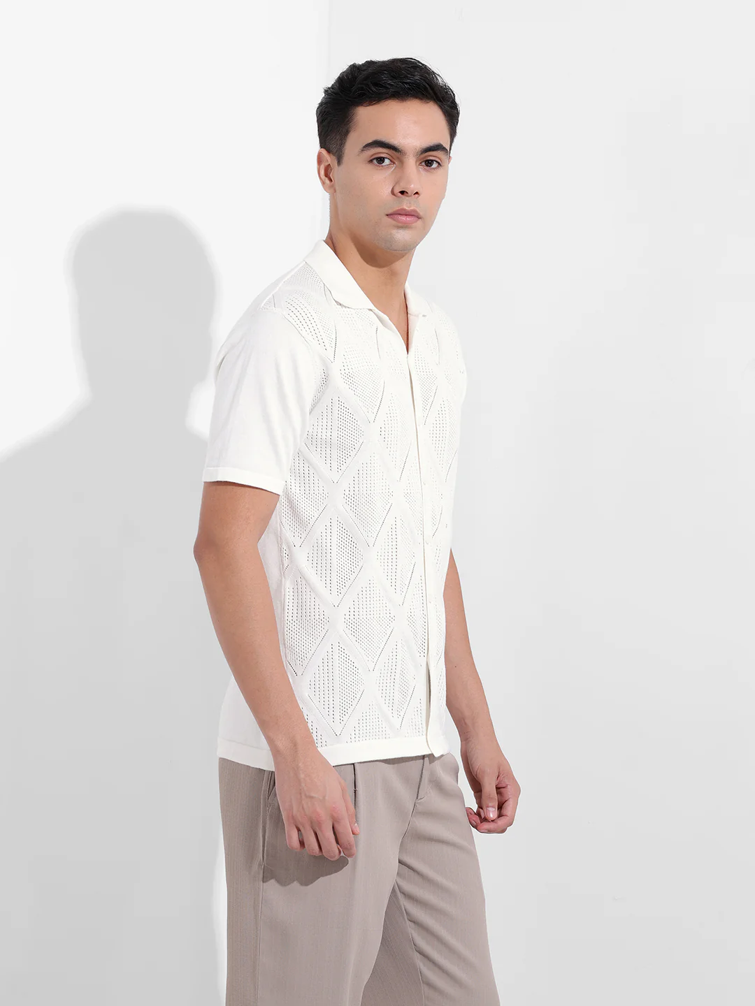 Men's White Slim Fit Striped Flat Knit Shirt - Image 5