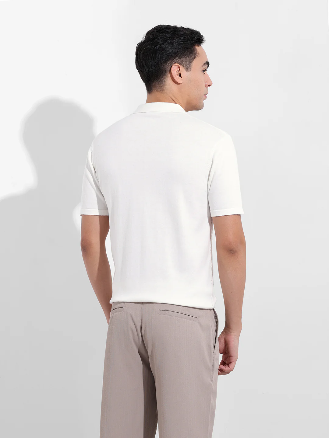 Men's White Slim Fit Striped Flat Knit Shirt - Image 6