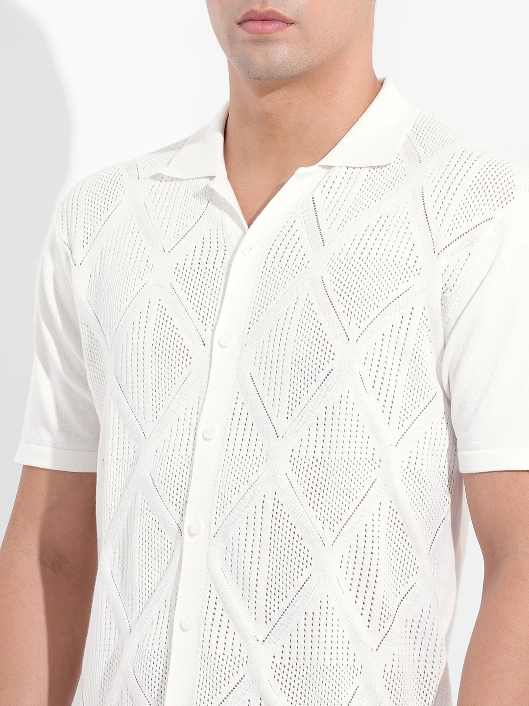 Men's White Slim Fit Striped Flat Knit Shirt - Image 7