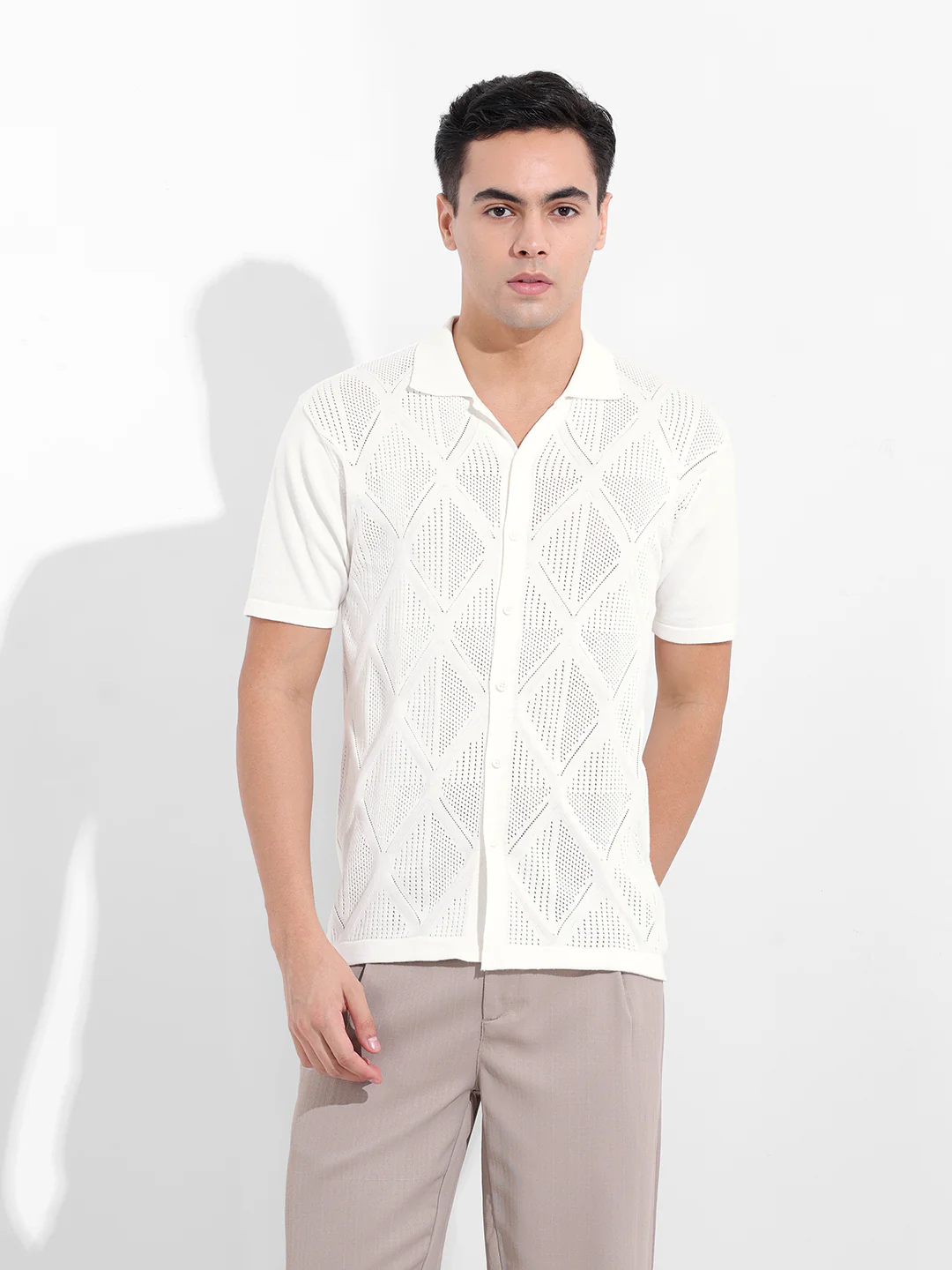 Men's White Slim Fit Striped Flat Knit Shirt - Image 8