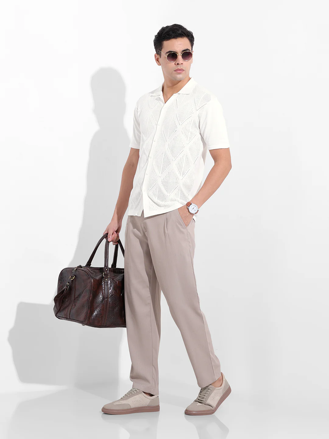 Men's White Slim Fit Striped Flat Knit Shirt - Image 9