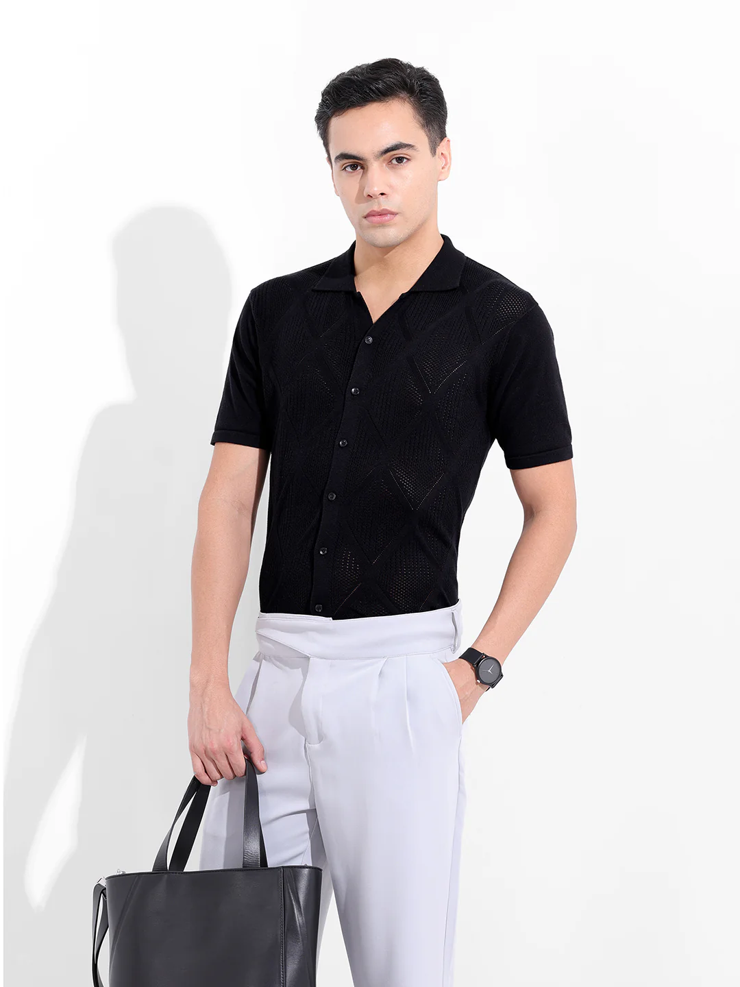 Men's Black Slim Fit Solid Flat Knit Shirt - Image 2