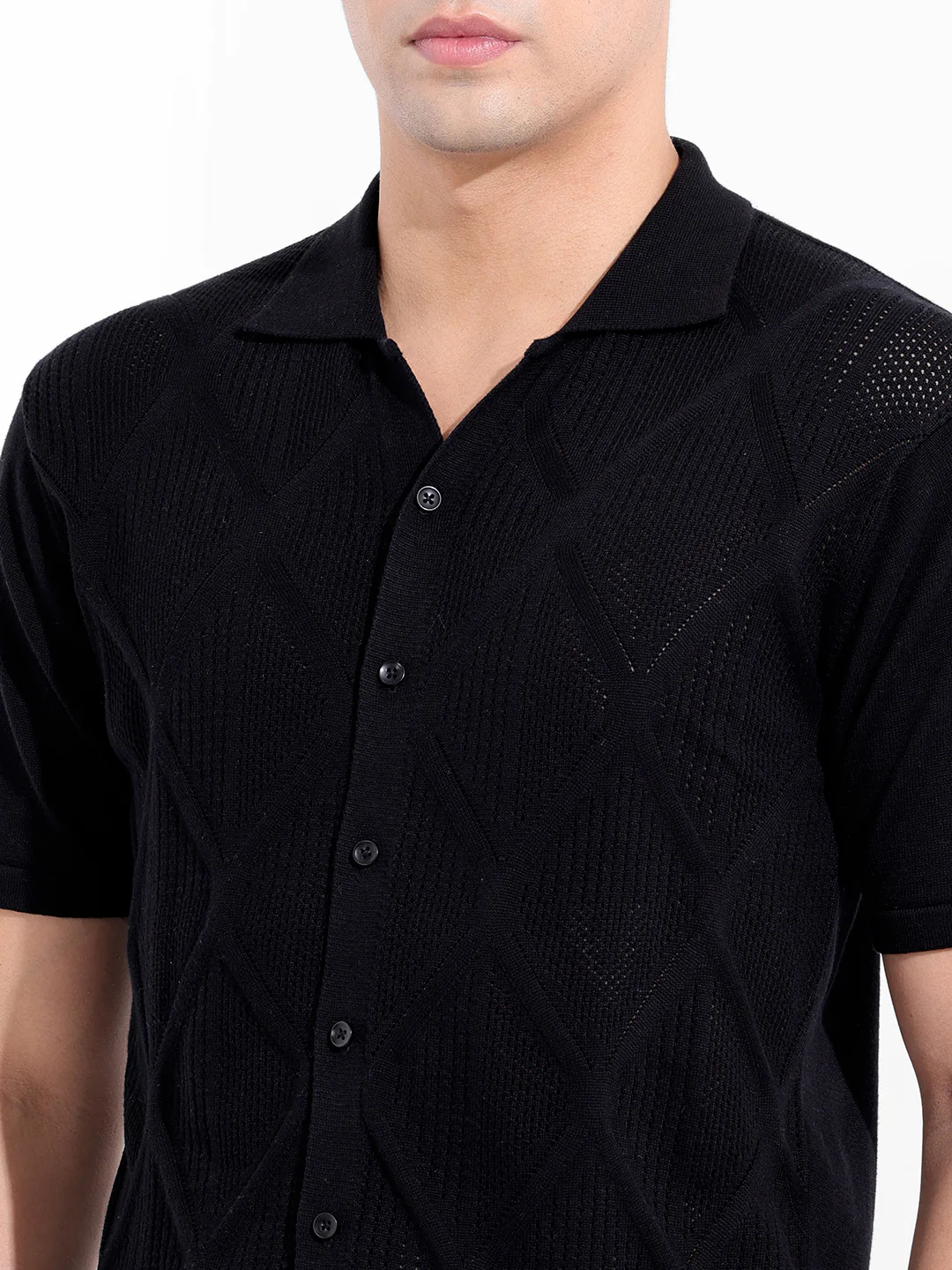 Men's Black Slim Fit Solid Flat Knit Shirt - Image 3