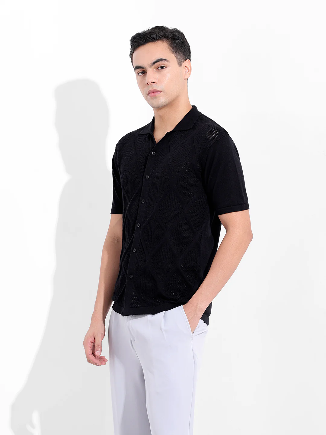 Men's Black Slim Fit Solid Flat Knit Shirt - Image 4
