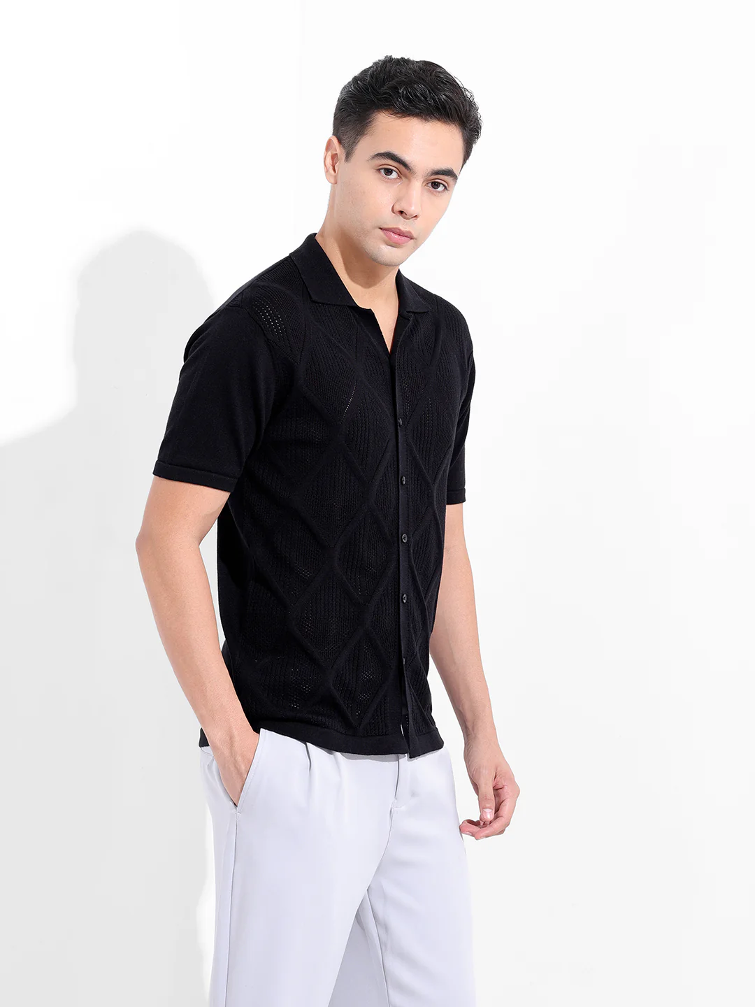 Men's Black Slim Fit Solid Flat Knit Shirt - Image 5