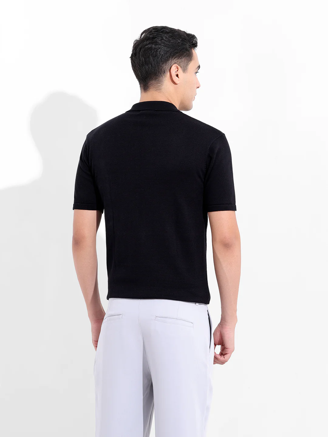 Men's Black Slim Fit Solid Flat Knit Shirt - Image 6