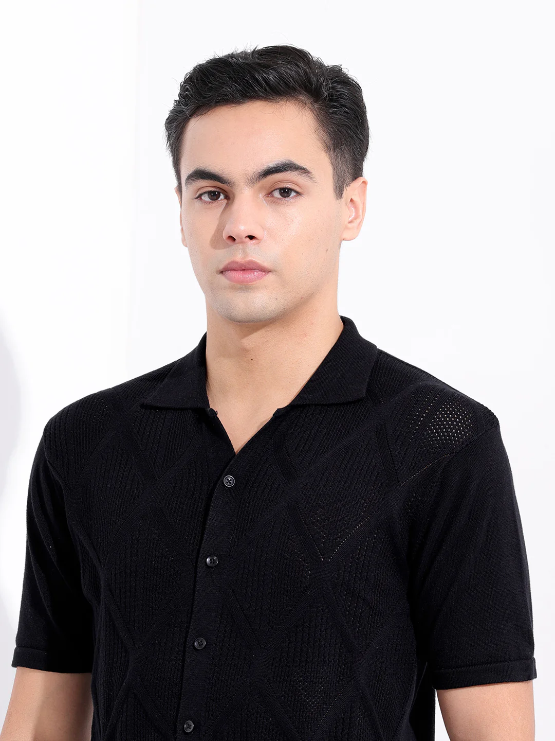 Men's Black Slim Fit Solid Flat Knit Shirt - Image 7