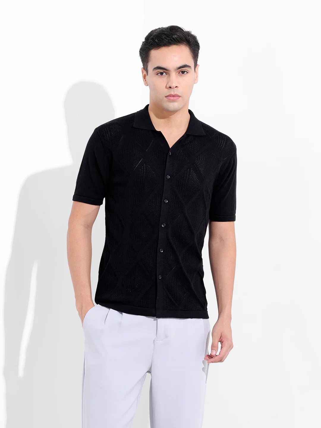 Men's Black Slim Fit Solid Flat Knit Shirt - Image 8