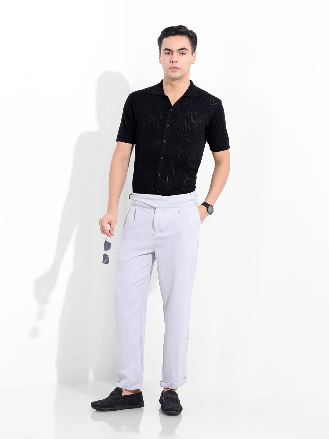 Men's Black Slim Fit Solid Flat Knit Shirt - Image 9