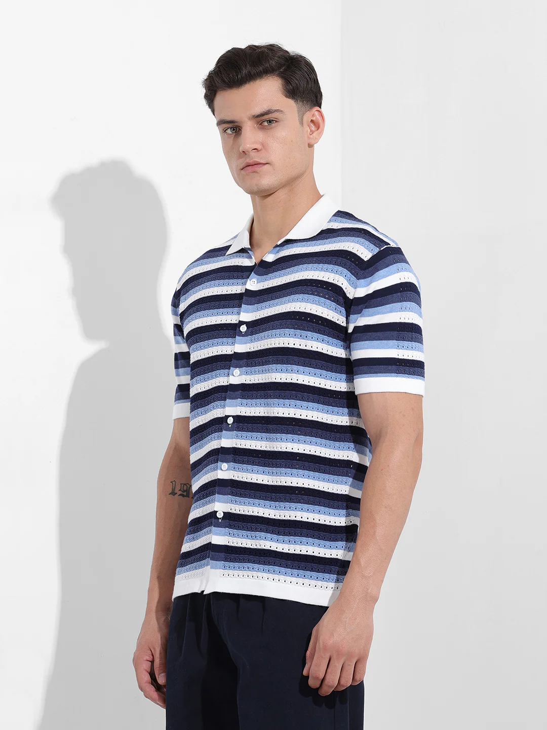 Men's Blue Slim Fit Striped Flat Knit Shirt - Image 2